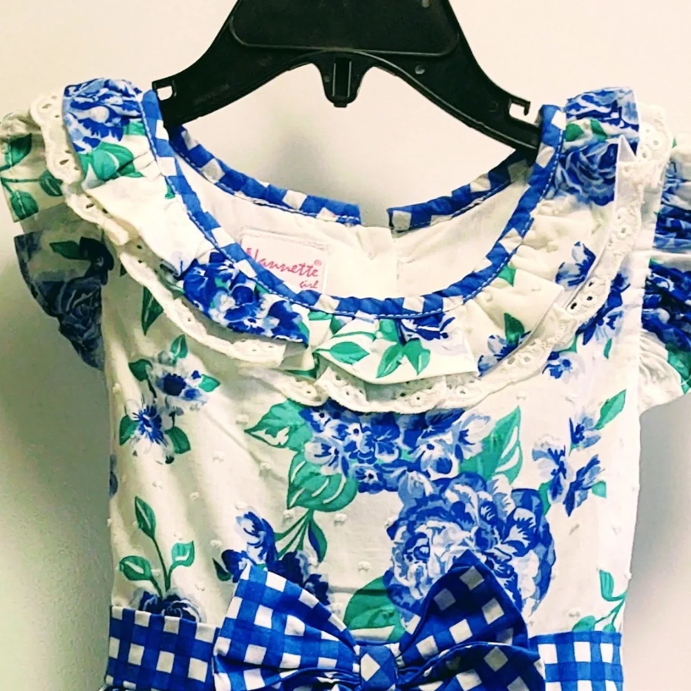 NWT NANNETTE GIRL BLUE/WHITE FLORAL POLY/COTTON PETTICOAT FLUTTER SLEEVE DRESS 5 - Picture 13 of 13